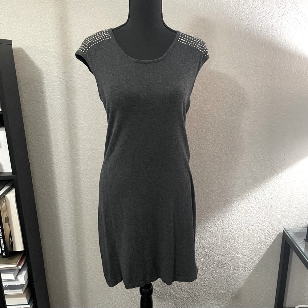 Express Sweater Dress with Studded Shoulders (Grey / Silver, Large)